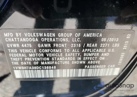2013 Volkswagen Passat Se из США, поврежденный, VIN 1VWBH7A38DC136848